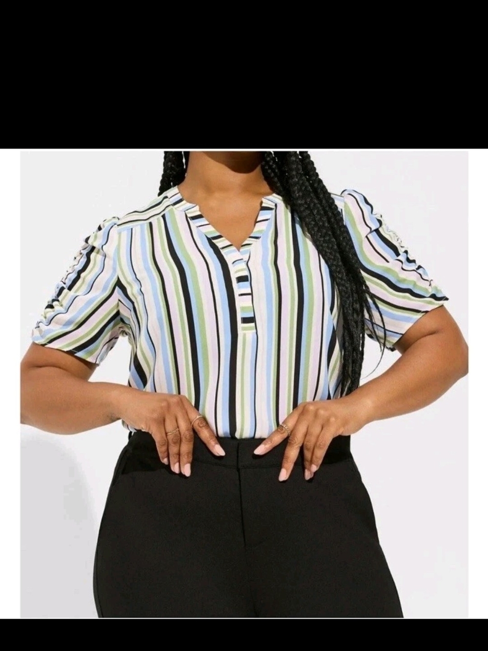 Striped Rouched-Sleeve V-Neck Blouse